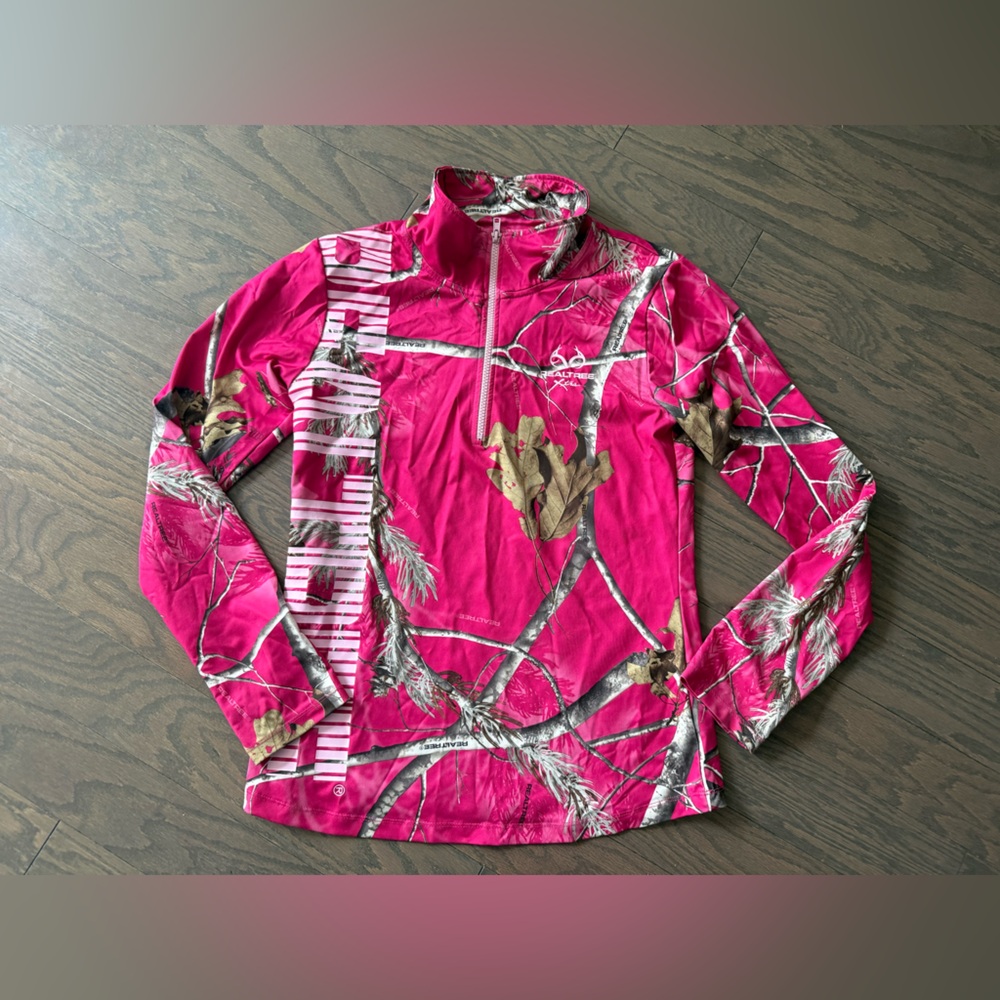 Realtree Women's 1/4 Zip Pullover Shirt Camo Thumbholes Long Sleeve Pink Size XL